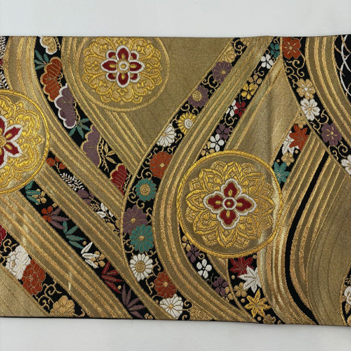 【美品】 袋帶 秀品級 振袖禮服禮服用 華紋 松樹竹子梅花 金絲 金金箔 金色 六通 純蠶絲