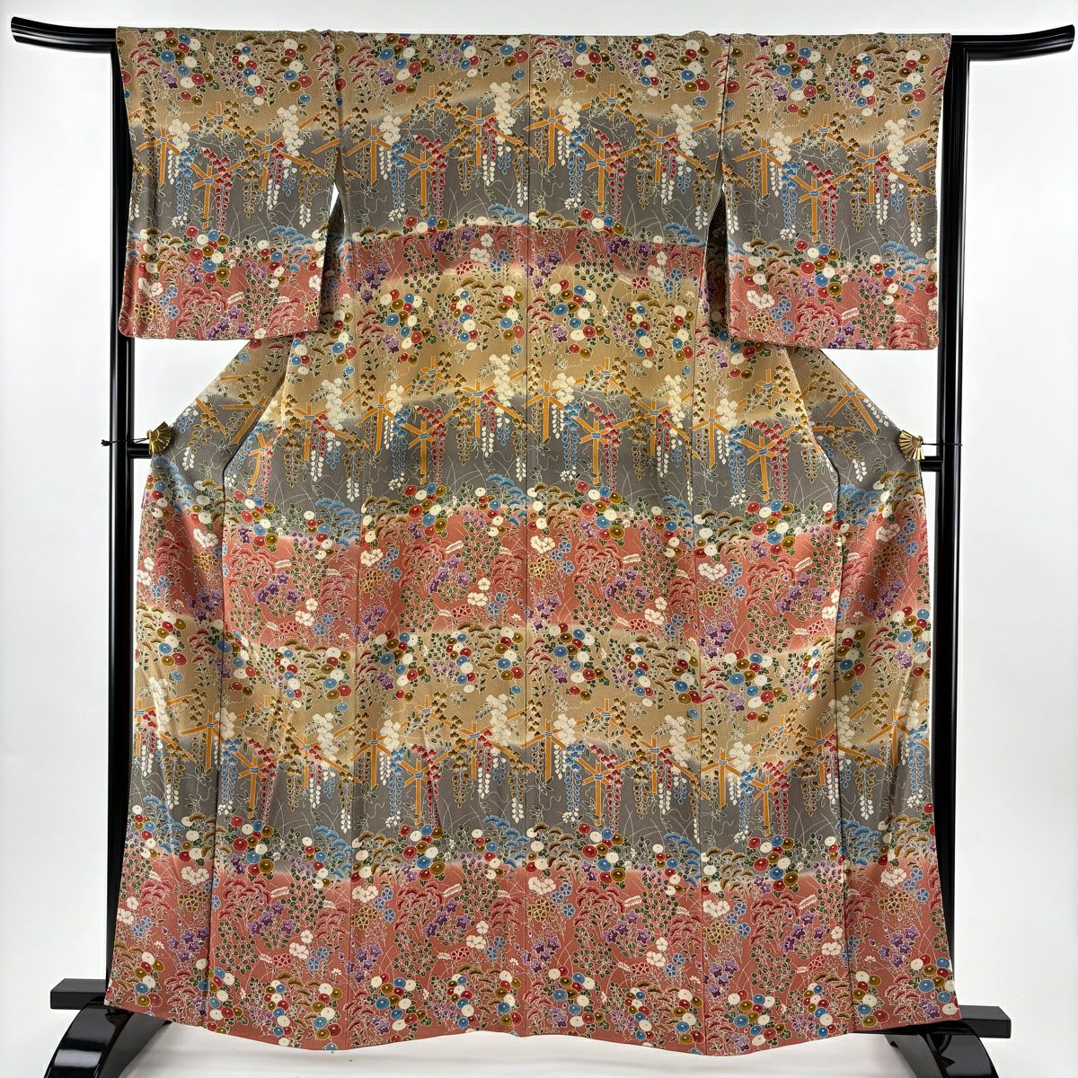 【美品】訪問服 身長161cm 袖長66cm M 雙層 秋草 染分 淡化 米色 純蠶絲 優品級