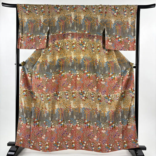 【美品】訪問服 身長161cm 袖長66cm M 雙層 秋草 染分 淡化 米色 純蠶絲 優品級