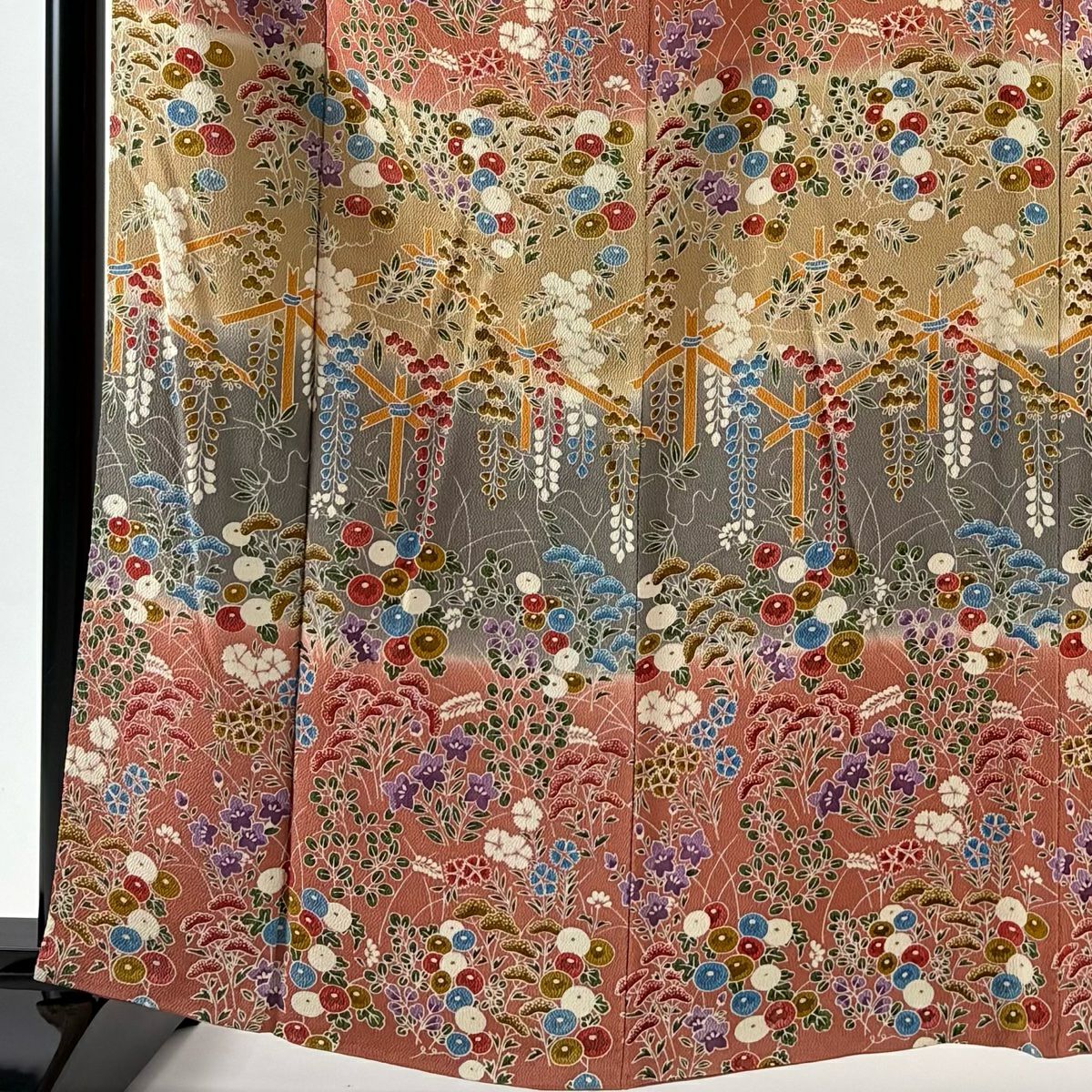 【美品】訪問服 身長161cm 袖長66cm M 雙層 秋草 染分 淡化 米色 純蠶絲 優品級