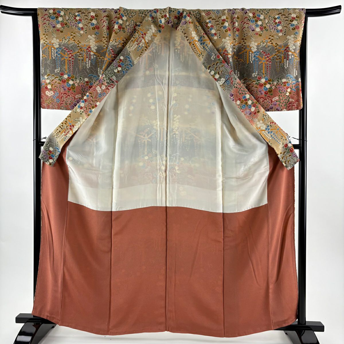 【美品】訪問服 身長161cm 袖長66cm M 雙層 秋草 染分 淡化 米色 純蠶絲 優品級