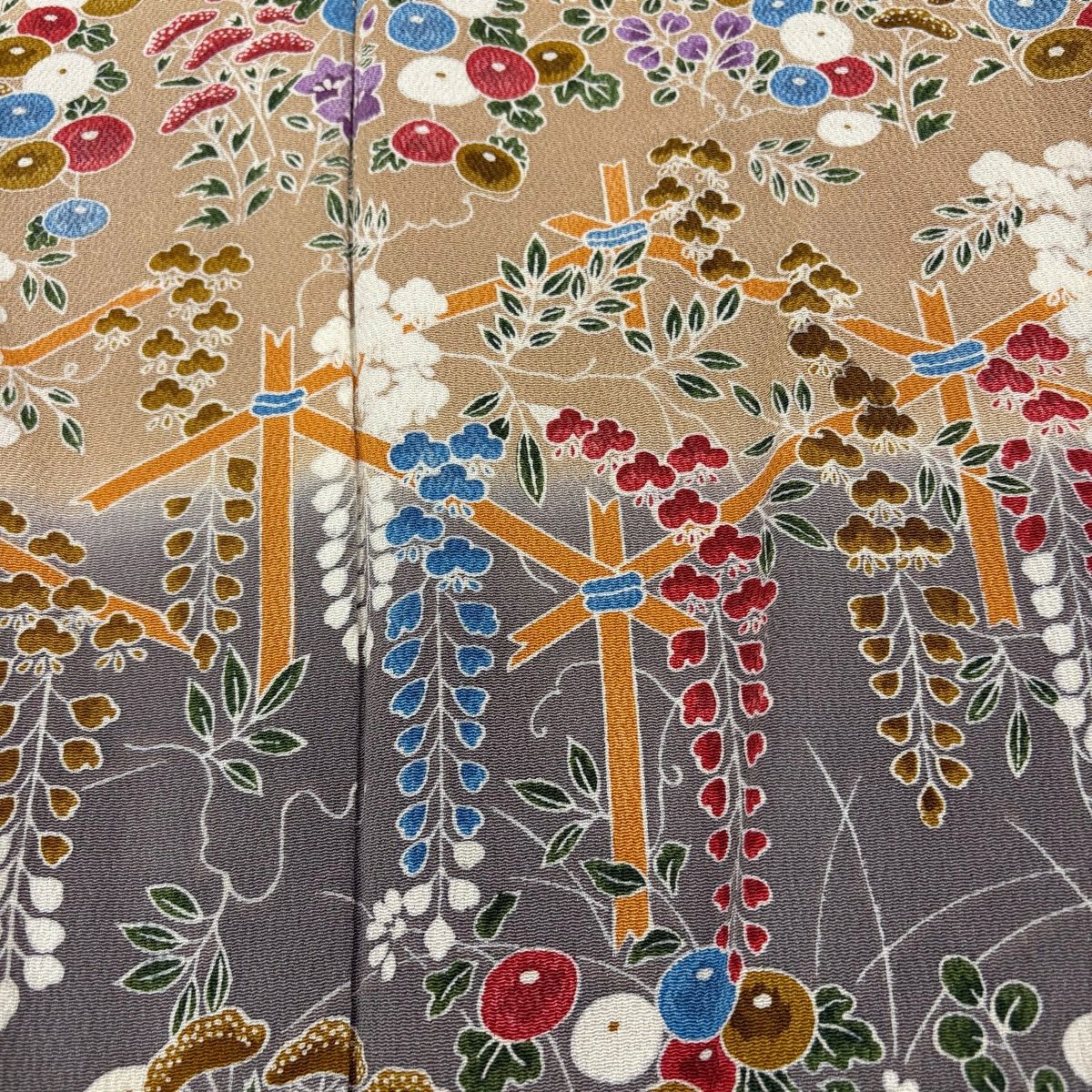 【美品】訪問服 身長161cm 袖長66cm M 雙層 秋草 染分 淡化 米色 純蠶絲 優品級