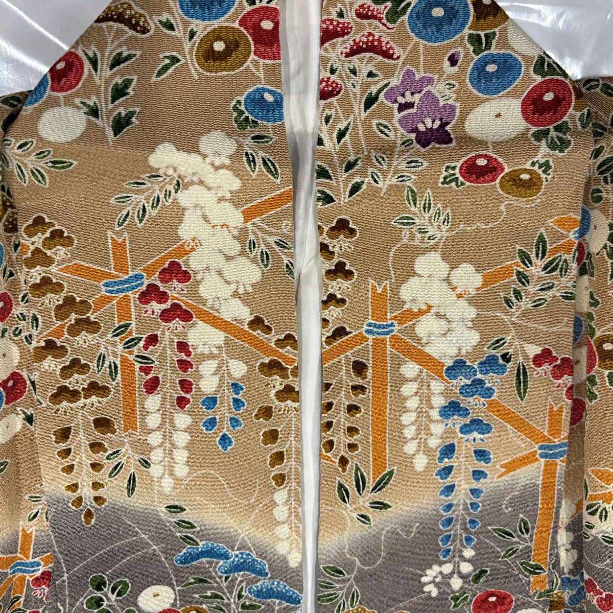 【美品】訪問服 身長161cm 袖長66cm M 雙層 秋草 染分 淡化 米色 純蠶絲 優品級
