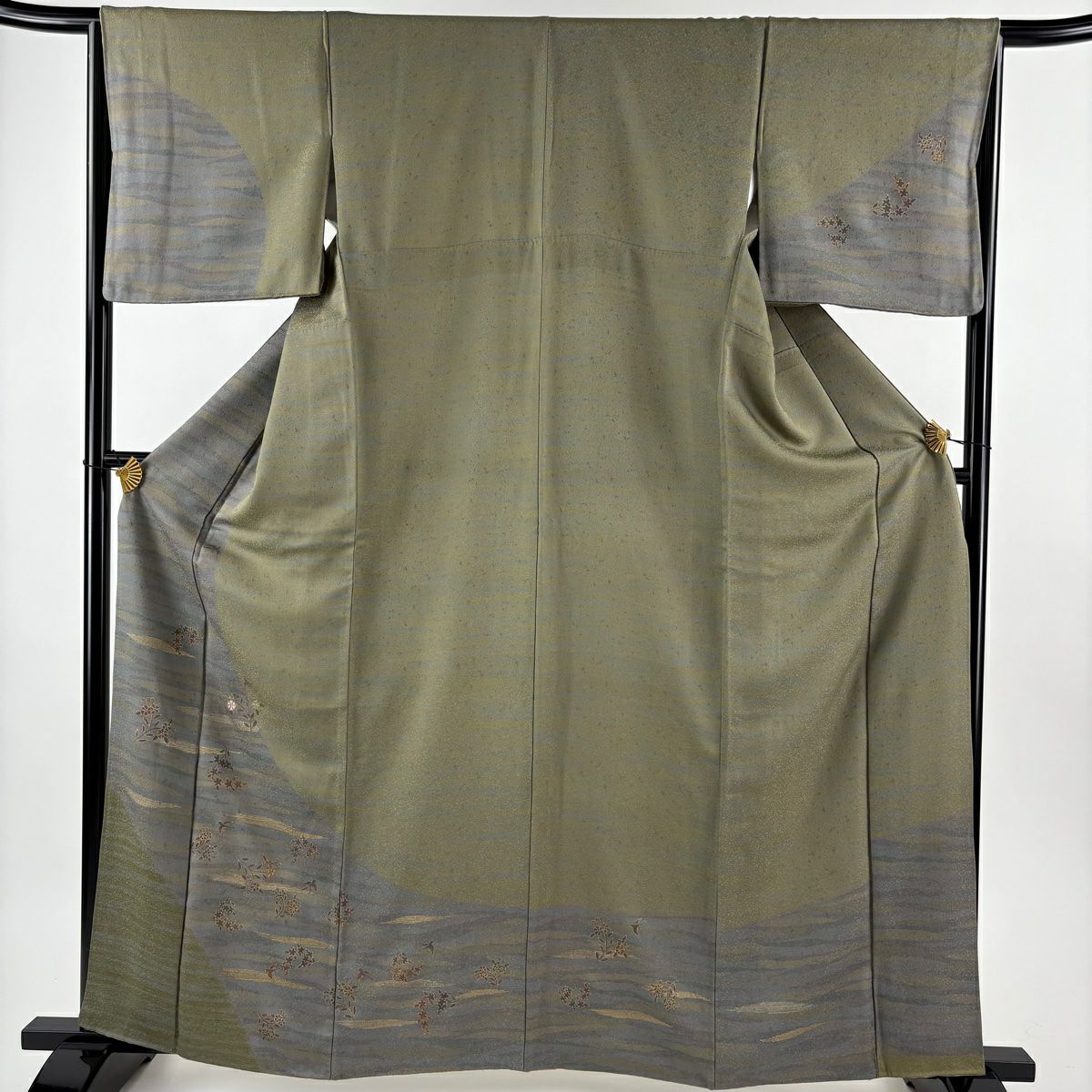 訪問服 身長162cm 袖長65.5cm M 雙層 草花紋紋 霞 刺繡 金彩裝飾 灰綠 純蠶絲 秀品級