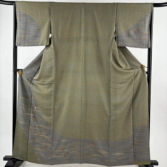 訪問服 身長162cm 袖長65.5cm M 雙層 草花紋紋 霞 刺繡 金彩裝飾 灰綠 純蠶絲 秀品級
