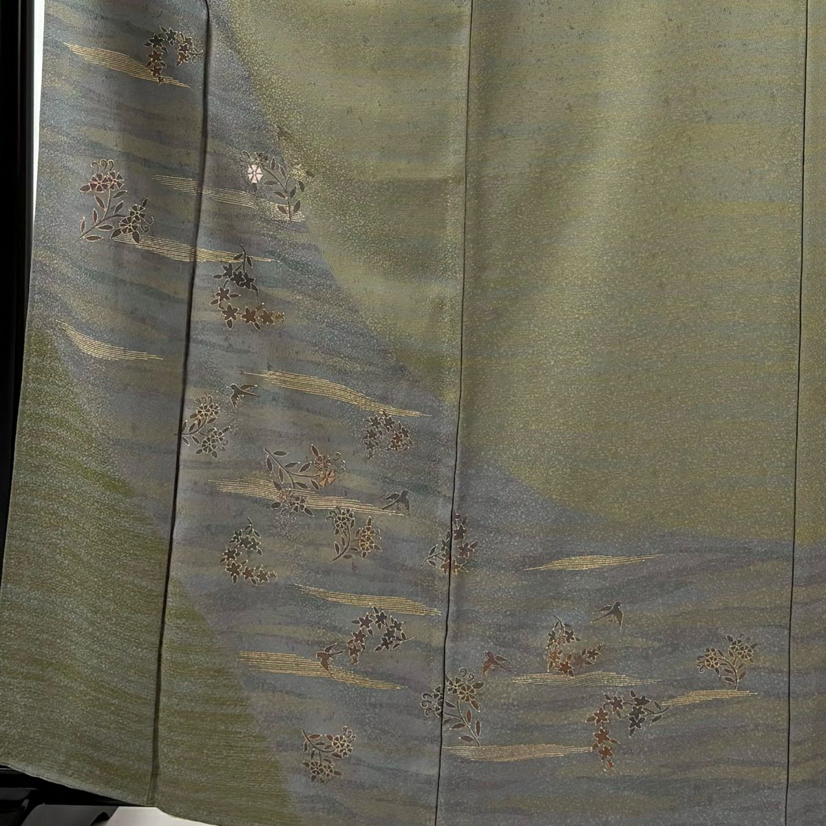 訪問服 身長162cm 袖長65.5cm M 雙層 草花紋紋 霞 刺繡 金彩裝飾 灰綠 純蠶絲 秀品級