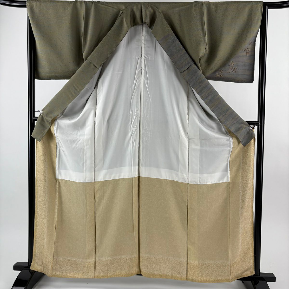 訪問服 身長162cm 袖長65.5cm M 雙層 草花紋紋 霞 刺繡 金彩裝飾 灰綠 純蠶絲 秀品級