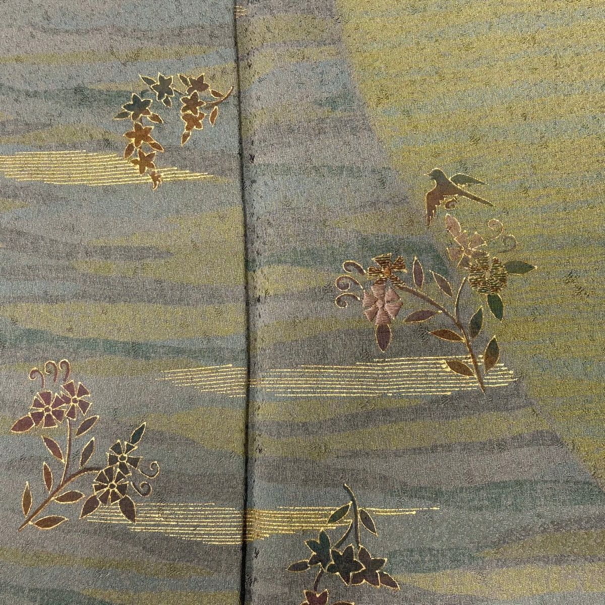訪問服 身長162cm 袖長65.5cm M 雙層 草花紋紋 霞 刺繡 金彩裝飾 灰綠 純蠶絲 秀品級