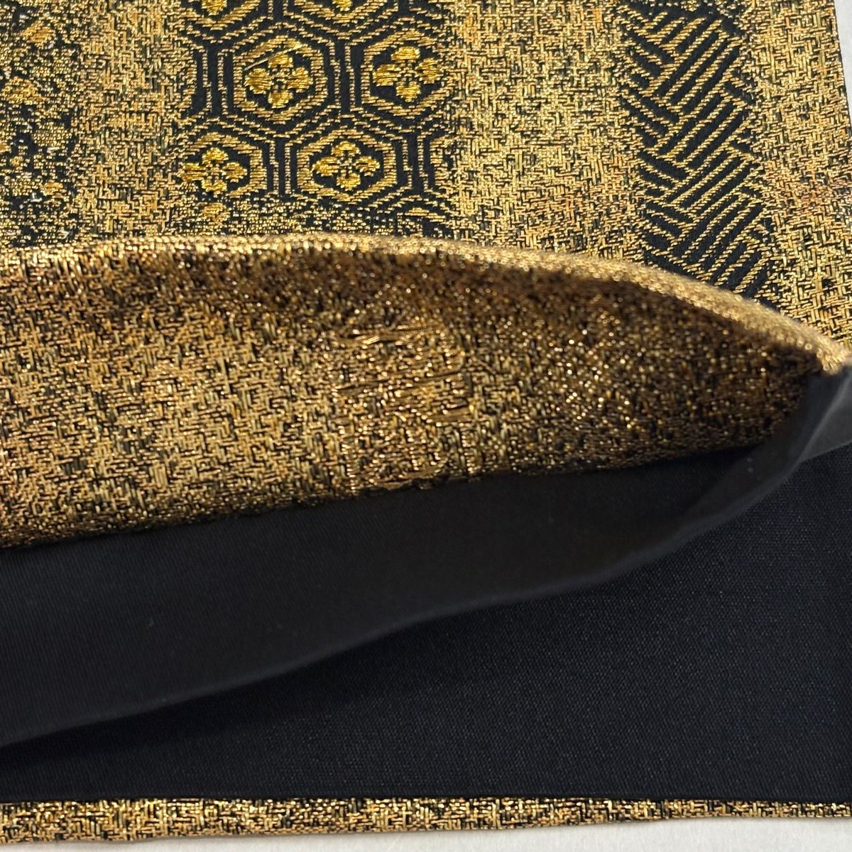【美品】 袋帶 名品級 加納幸 落款 花鳥 有職文樣 金絲 金金箔 金色 大鼓圖案 純蠶絲
