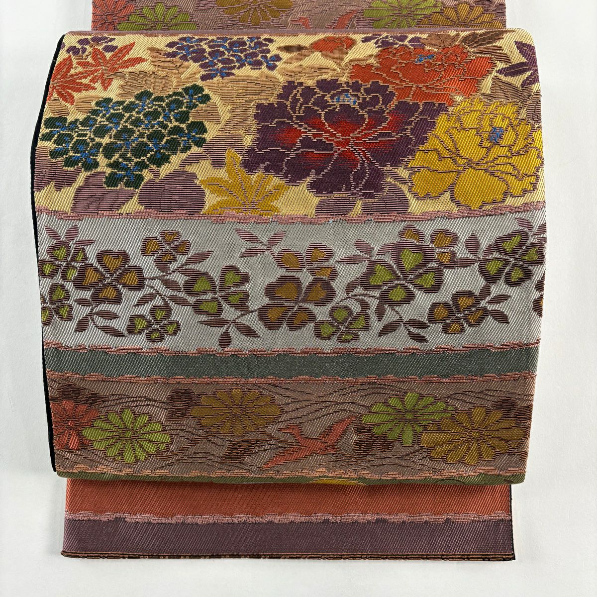 【美品】 袋帶 名品級 段紋 草花紋 灰綠 六通 純蠶絲