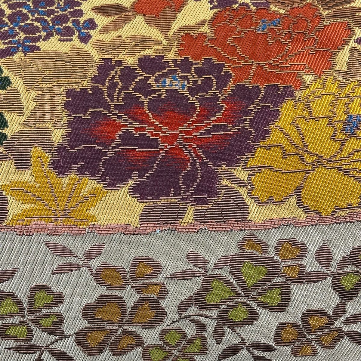 【美品】 袋帶 名品級 段紋 草花紋 灰綠 六通 純蠶絲