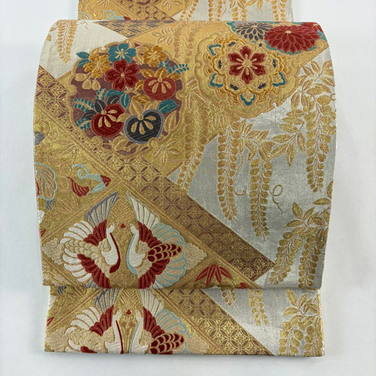 袋帶 秀品級 花鳥 蝶 金絲 唐織 銀 六通 純蠶絲