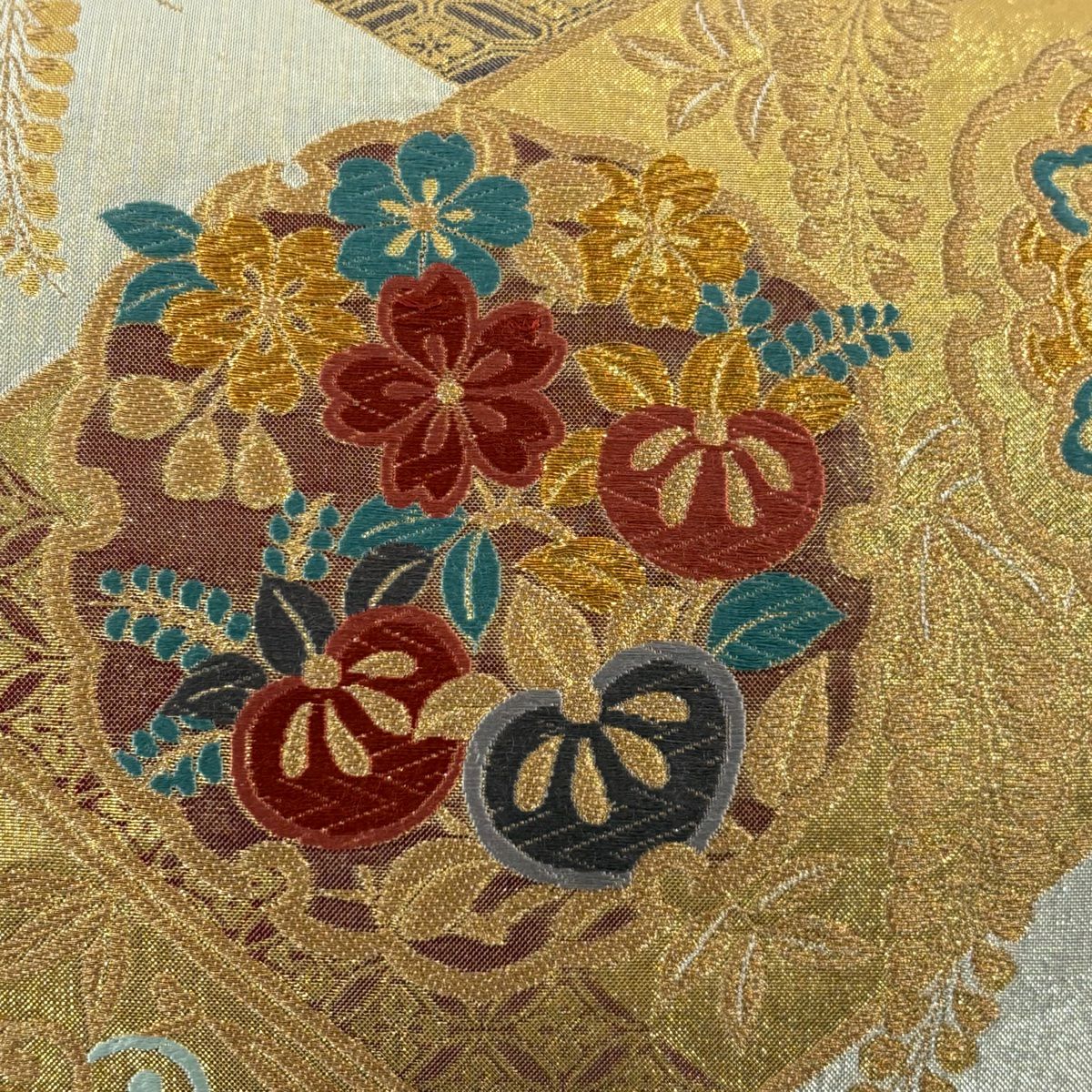 袋帶 秀品級 花鳥 蝶 金絲 唐織 銀 六通 純蠶絲