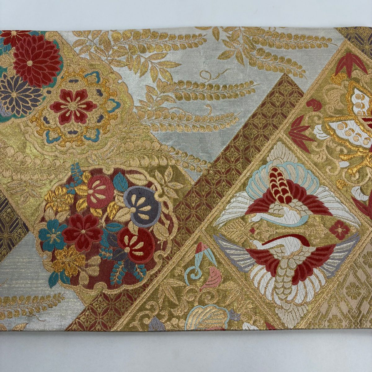 袋帶 秀品級 花鳥 蝶 金絲 唐織 銀 六通 純蠶絲