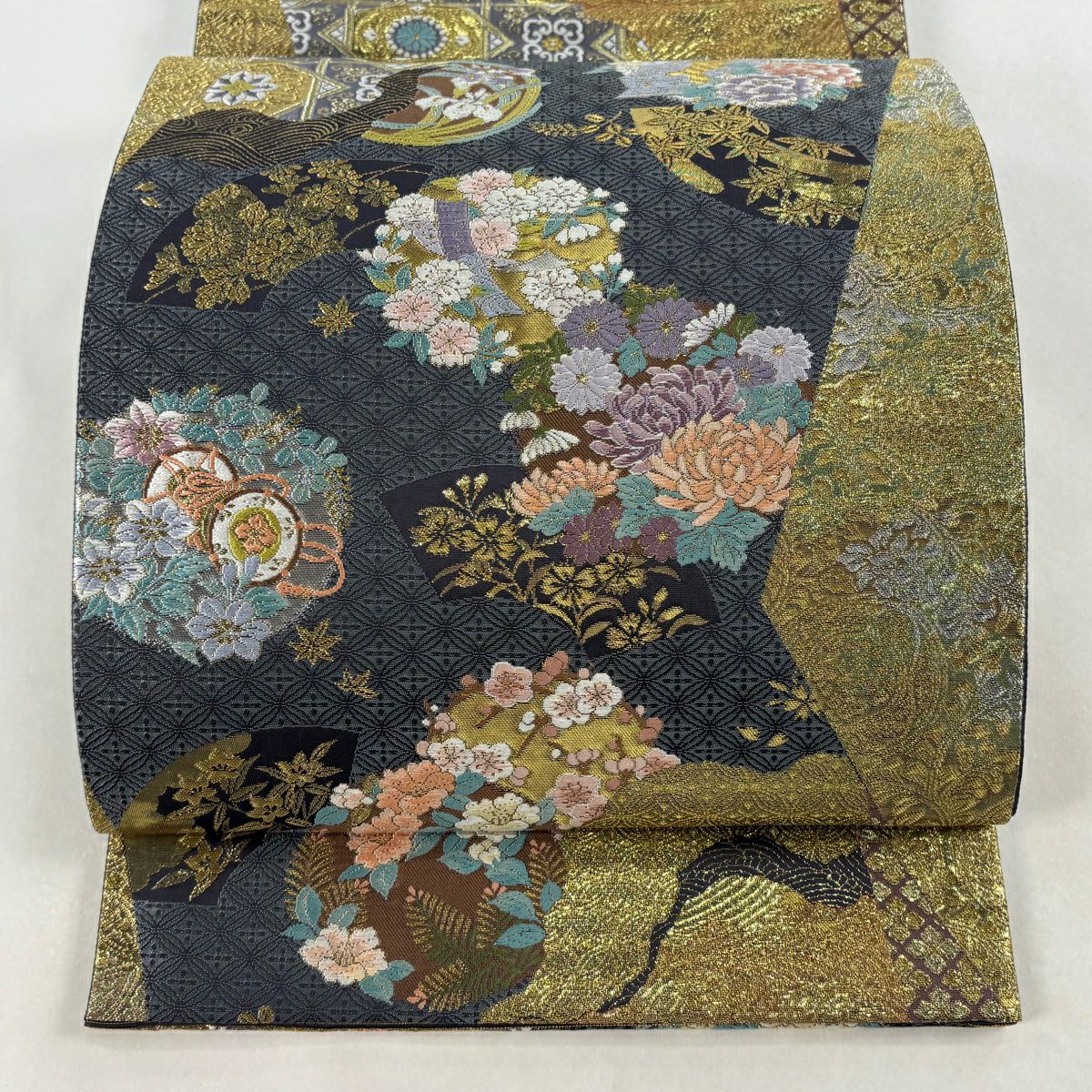 【美品】 袋帶 秀品級 雅美 花丸紋 波 金銀彩 金金箔 青灰 深藍色 六通 純蠶絲