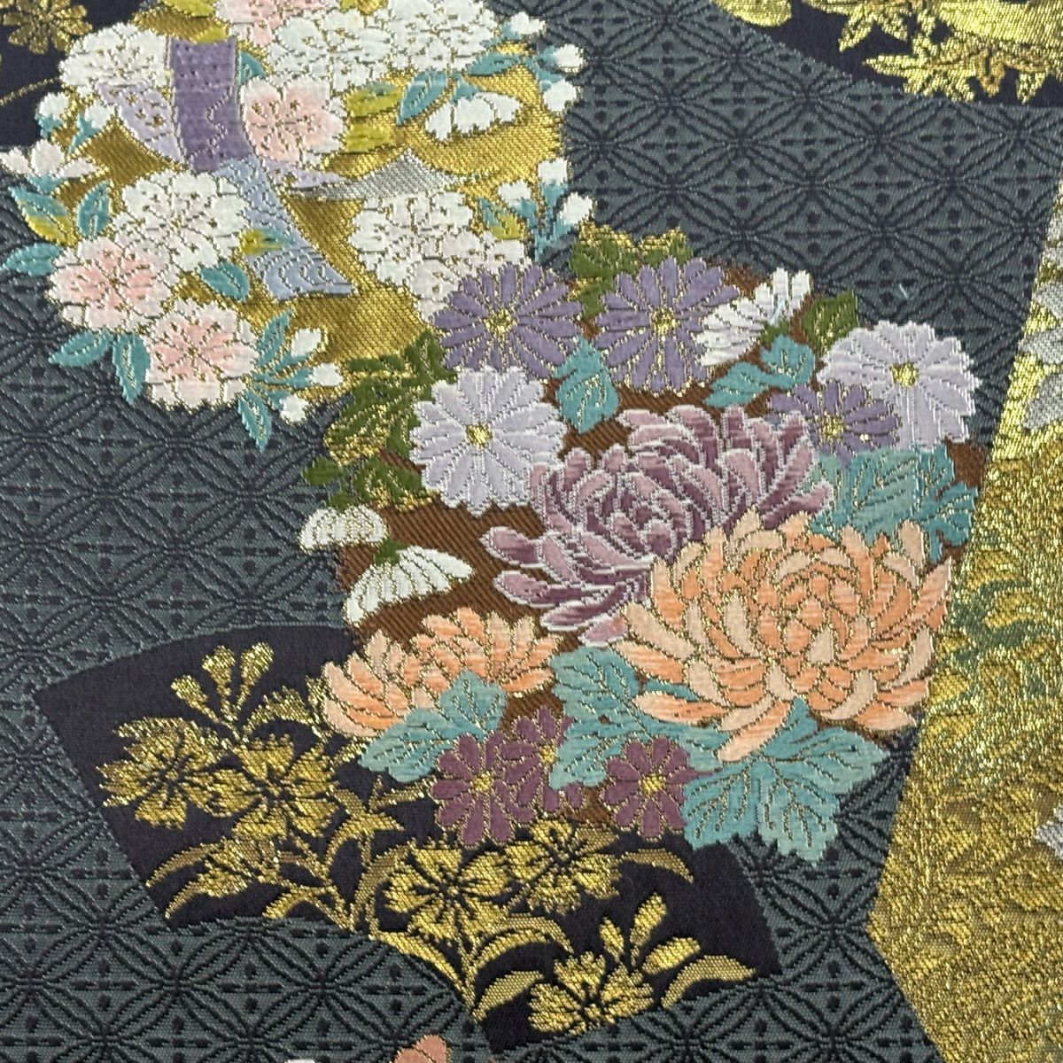 【美品】 袋帶 秀品級 雅美 花丸紋 波 金銀彩 金金箔 青灰 深藍色 六通 純蠶絲