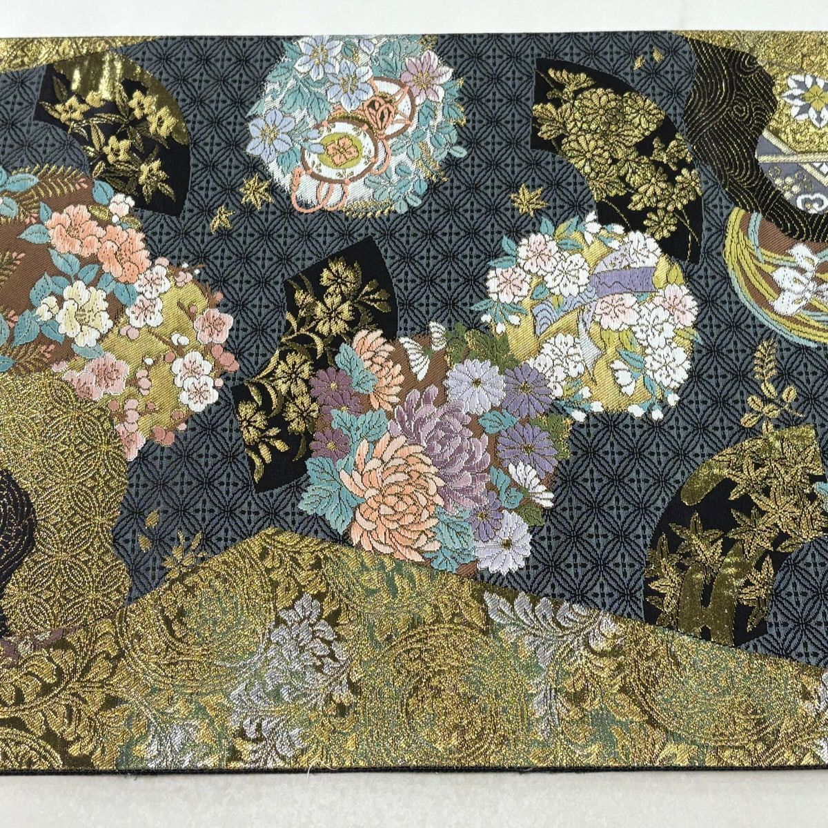 【美品】 袋帶 秀品級 雅美 花丸紋 波 金銀彩 金金箔 青灰 深藍色 六通 純蠶絲