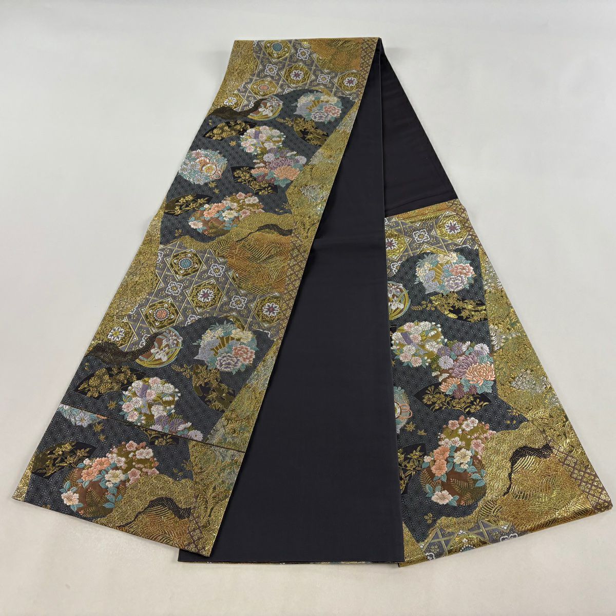【美品】 袋帶 秀品級 雅美 花丸紋 波 金銀彩 金金箔 青灰 深藍色 六通 純蠶絲