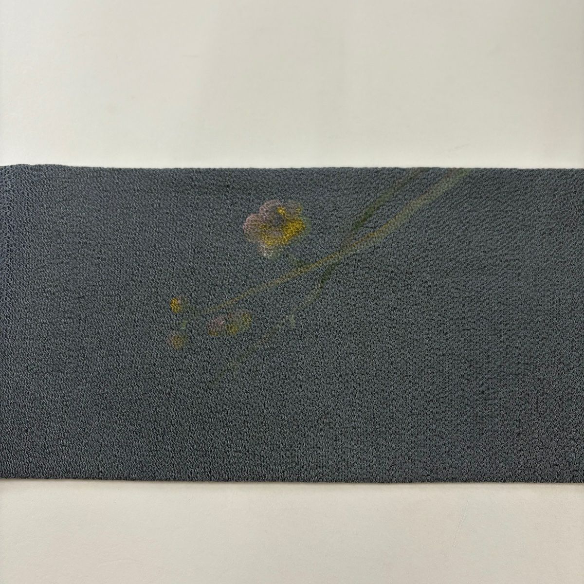 名古屋帶 秀品級 有落款 文字圖案 枝梅花 縮緬 青灰色 純蠶絲