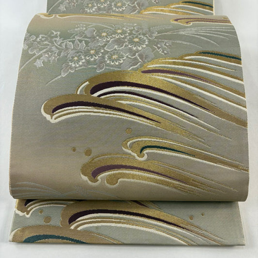 袋帶 秀品級 秋草 波 金金箔 金絲 米色 六通 純蠶絲