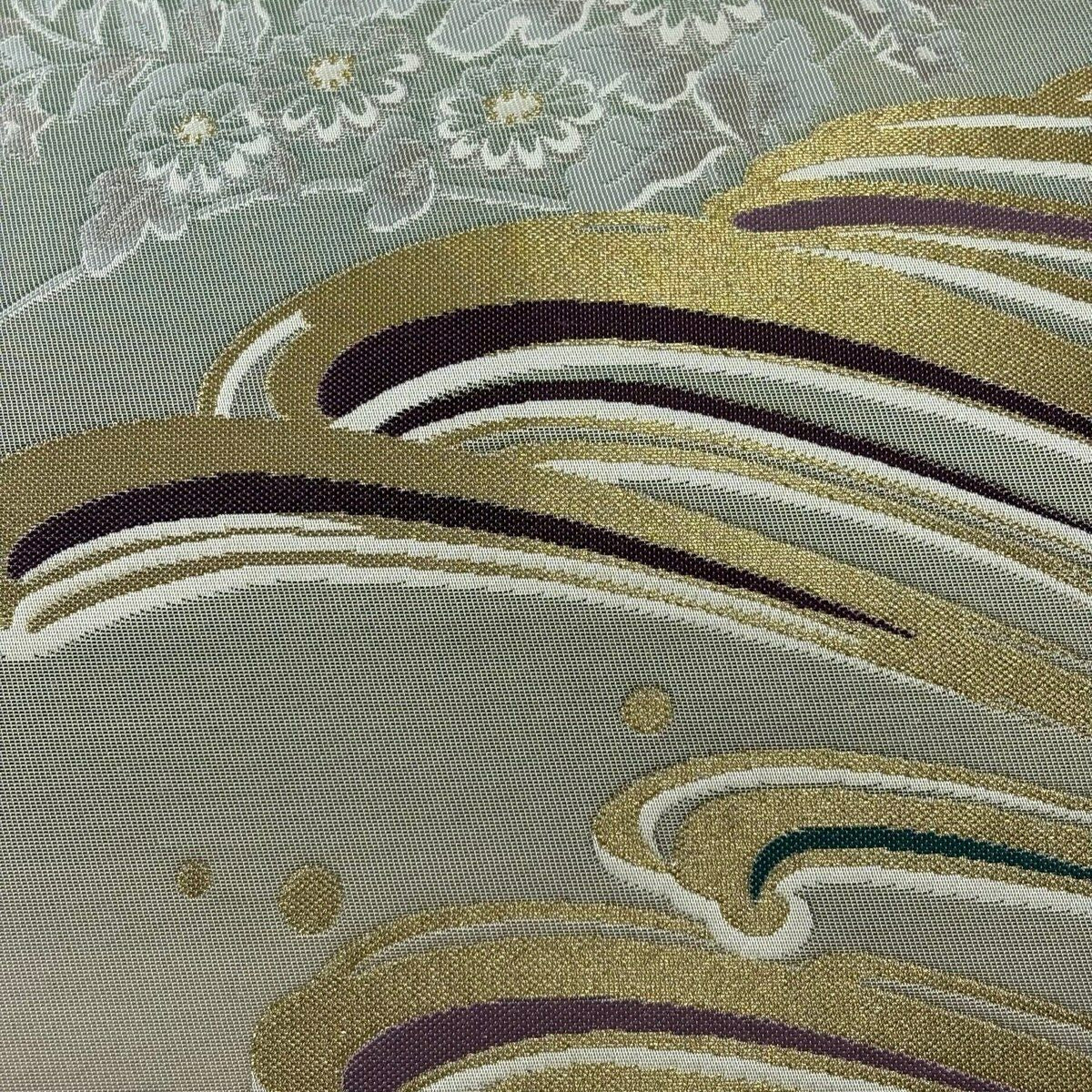 袋帶 秀品級 秋草 波 金金箔 金絲 米色 六通 純蠶絲