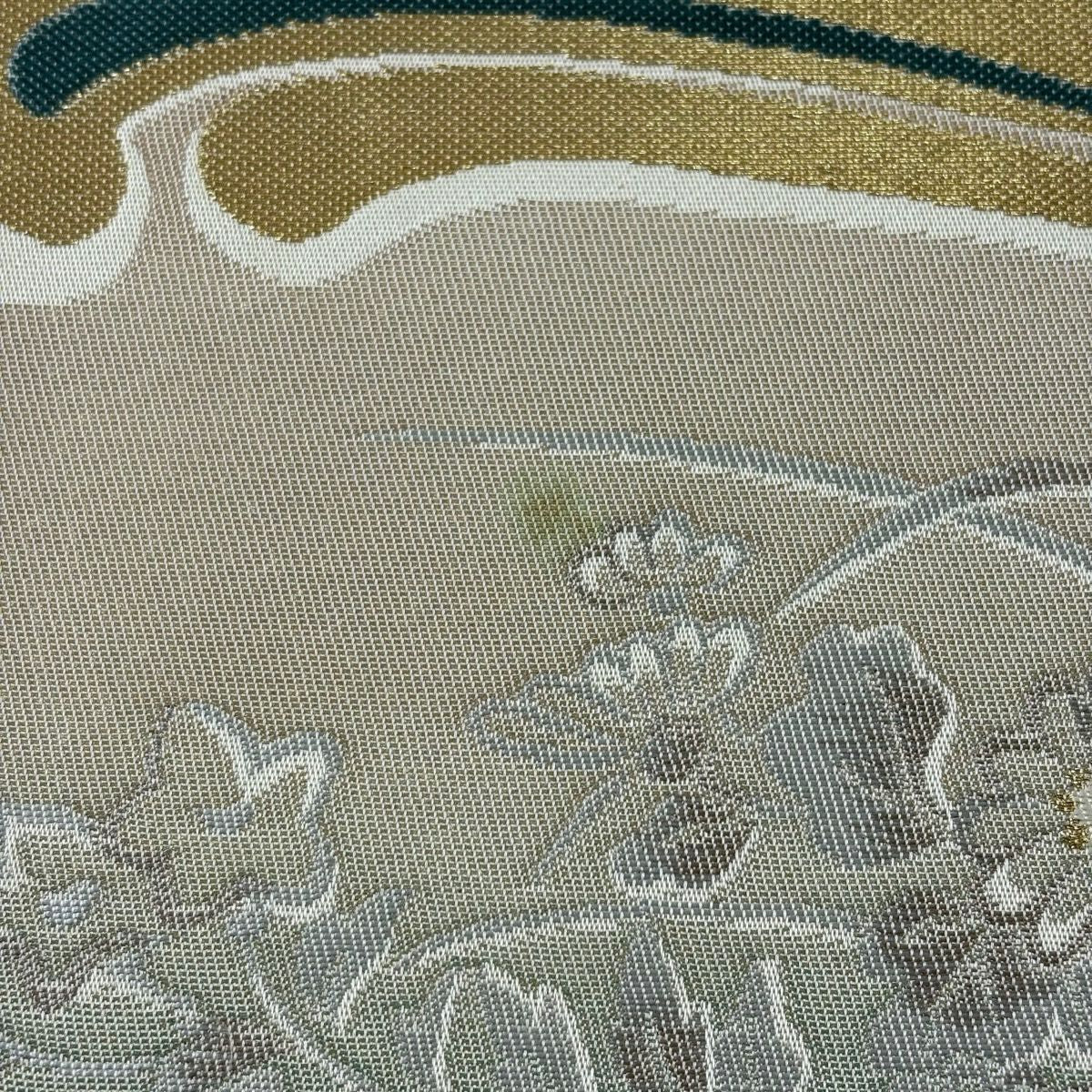 袋帶 秀品級 秋草 波 金金箔 金絲 米色 六通 純蠶絲