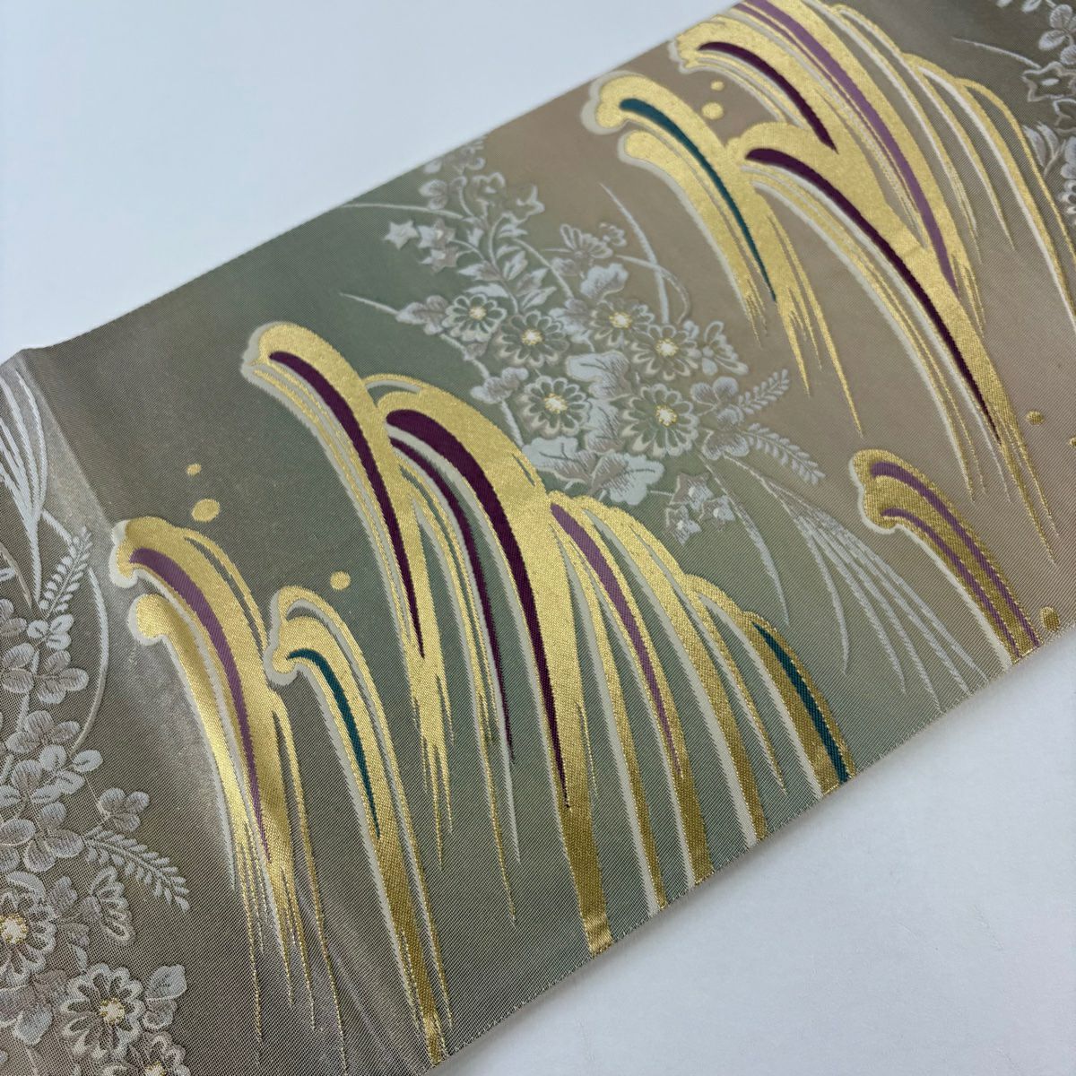 袋帶 秀品級 秋草 波 金金箔 金絲 米色 六通 純蠶絲