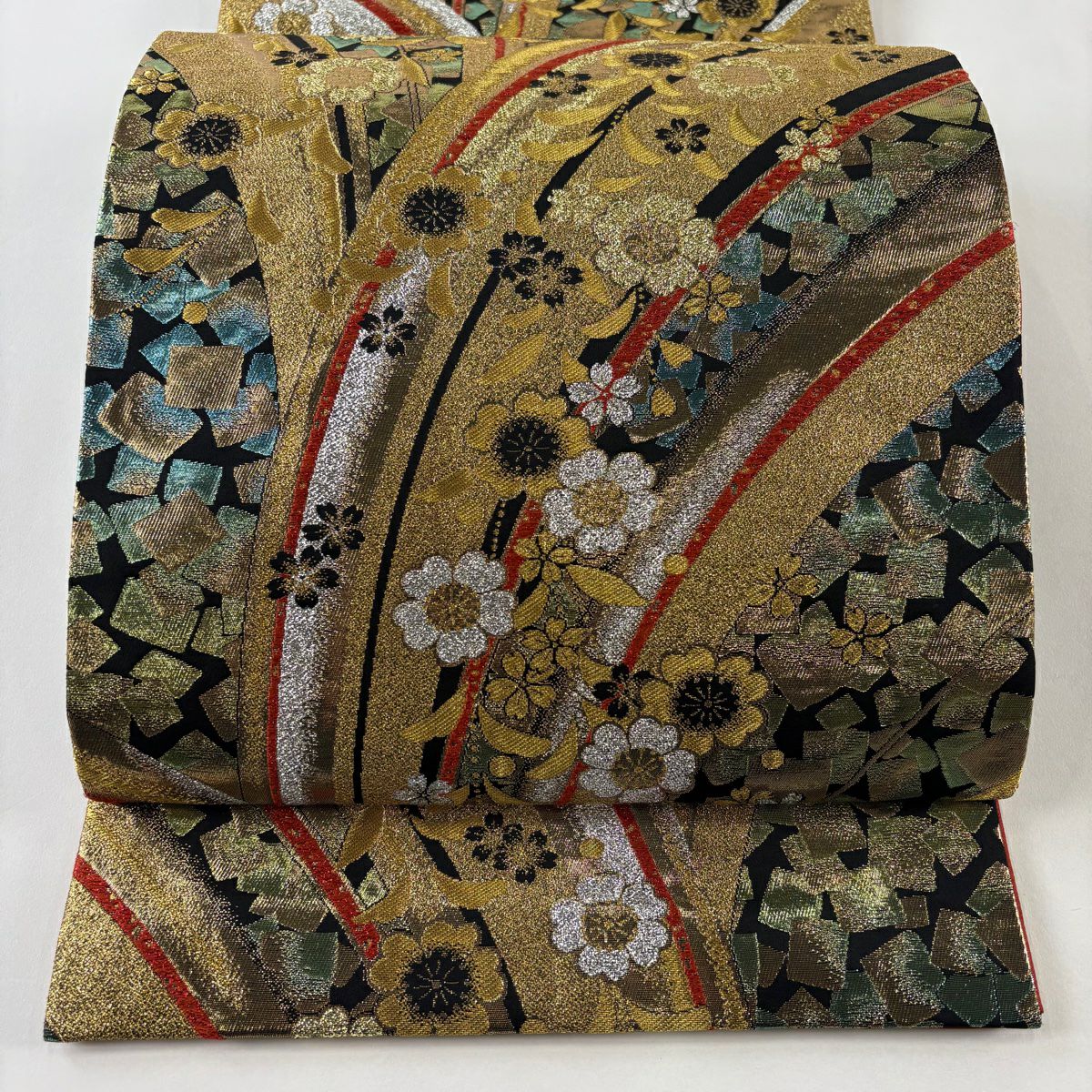 【美品】 袋帶 秀品級 櫻花 幾何學 金金箔 金絲 金色 六通 純蠶絲