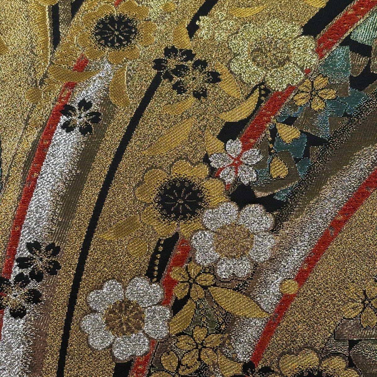 【美品】 袋帶 秀品級 櫻花 幾何學 金金箔 金絲 金色 六通 純蠶絲