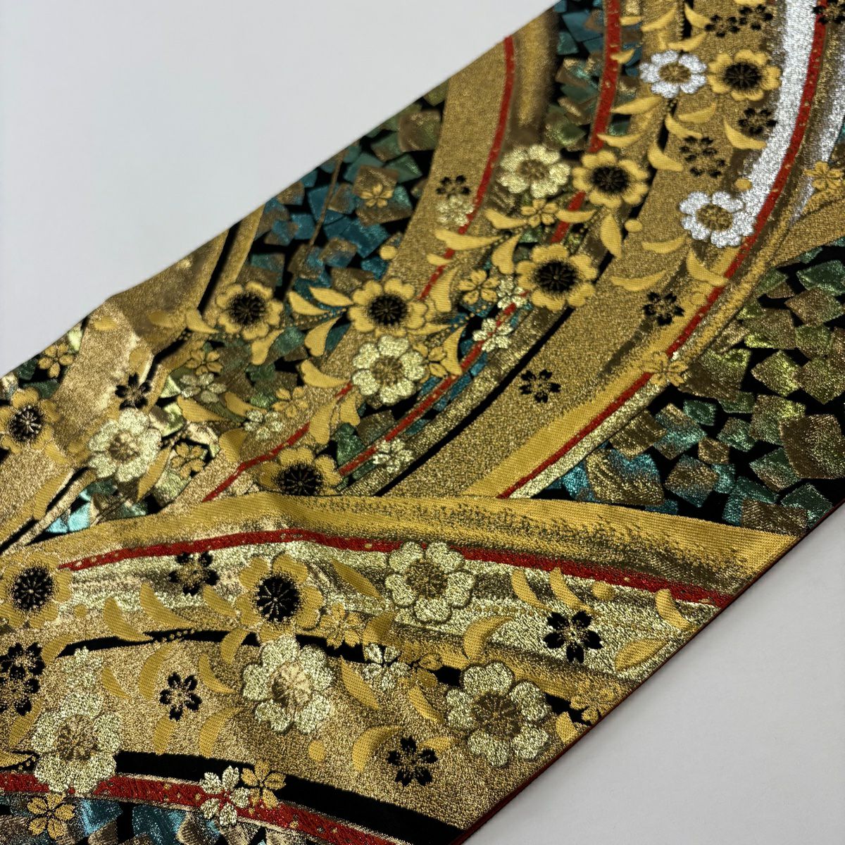 【美品】 袋帶 秀品級 櫻花 幾何學 金金箔 金絲 金色 六通 純蠶絲