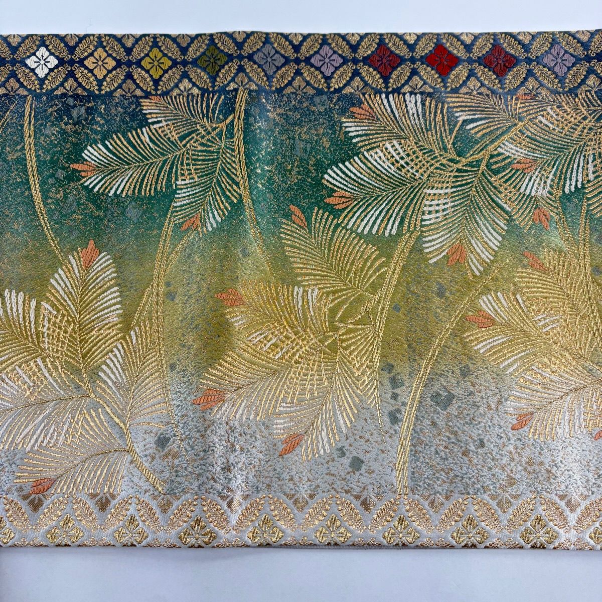 袋帶 秀品級 若松樹 七寶 金絲 金金箔 綠 六通 純蠶絲