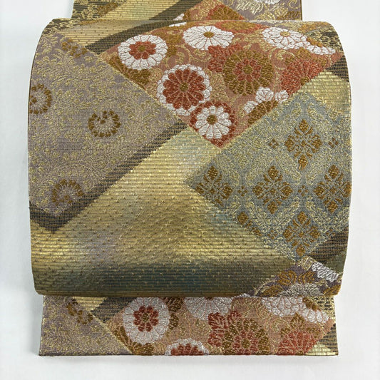 袋帶 秀品級 牡丹菊花唐花紋 花菱 金絲 金金箔 金茶 六通 純蠶絲