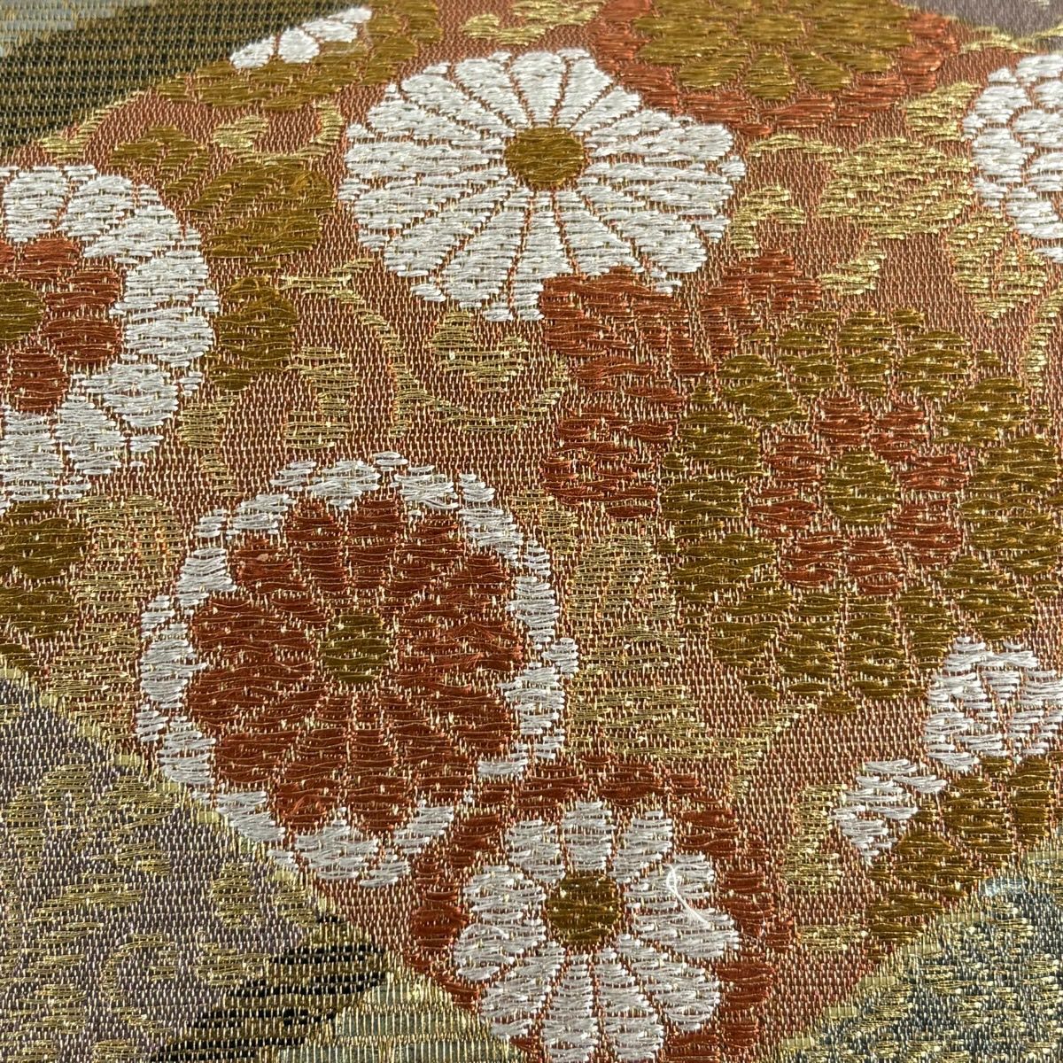 袋帶 秀品級 牡丹菊花唐花紋 花菱 金絲 金金箔 金茶 六通 純蠶絲