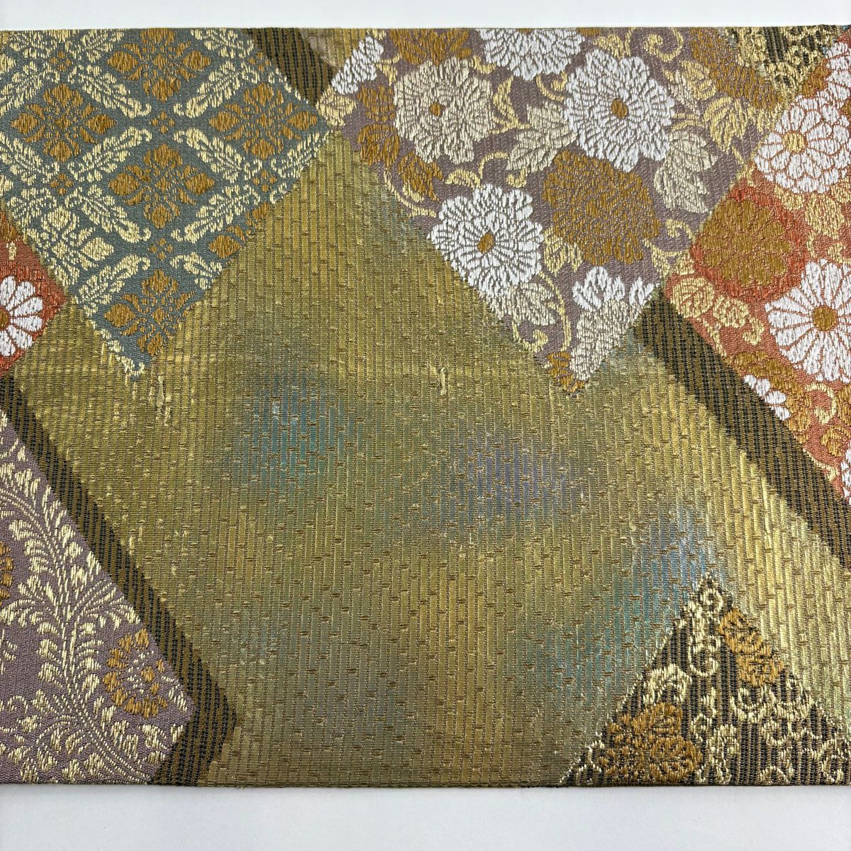 袋帶 秀品級 牡丹菊花唐花紋 花菱 金絲 金金箔 金茶 六通 純蠶絲