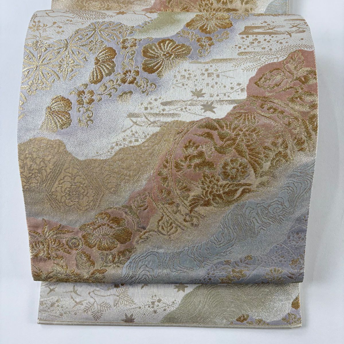 袋帶 秀品級 關西仕立 雲霞 花鳥 金金箔 金絲 米色 六通 純蠶絲