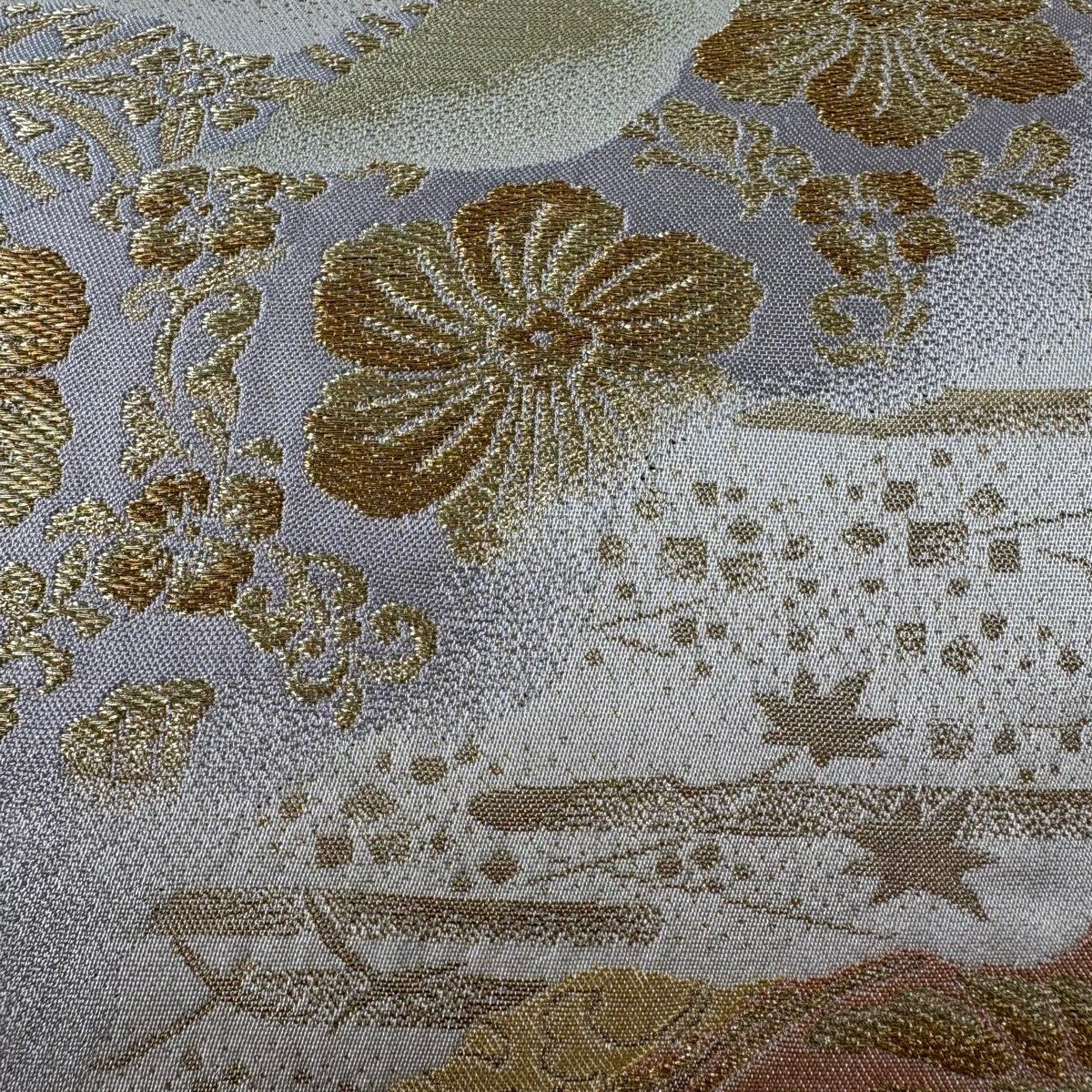 袋帶 秀品級 關西仕立 雲霞 花鳥 金金箔 金絲 米色 六通 純蠶絲