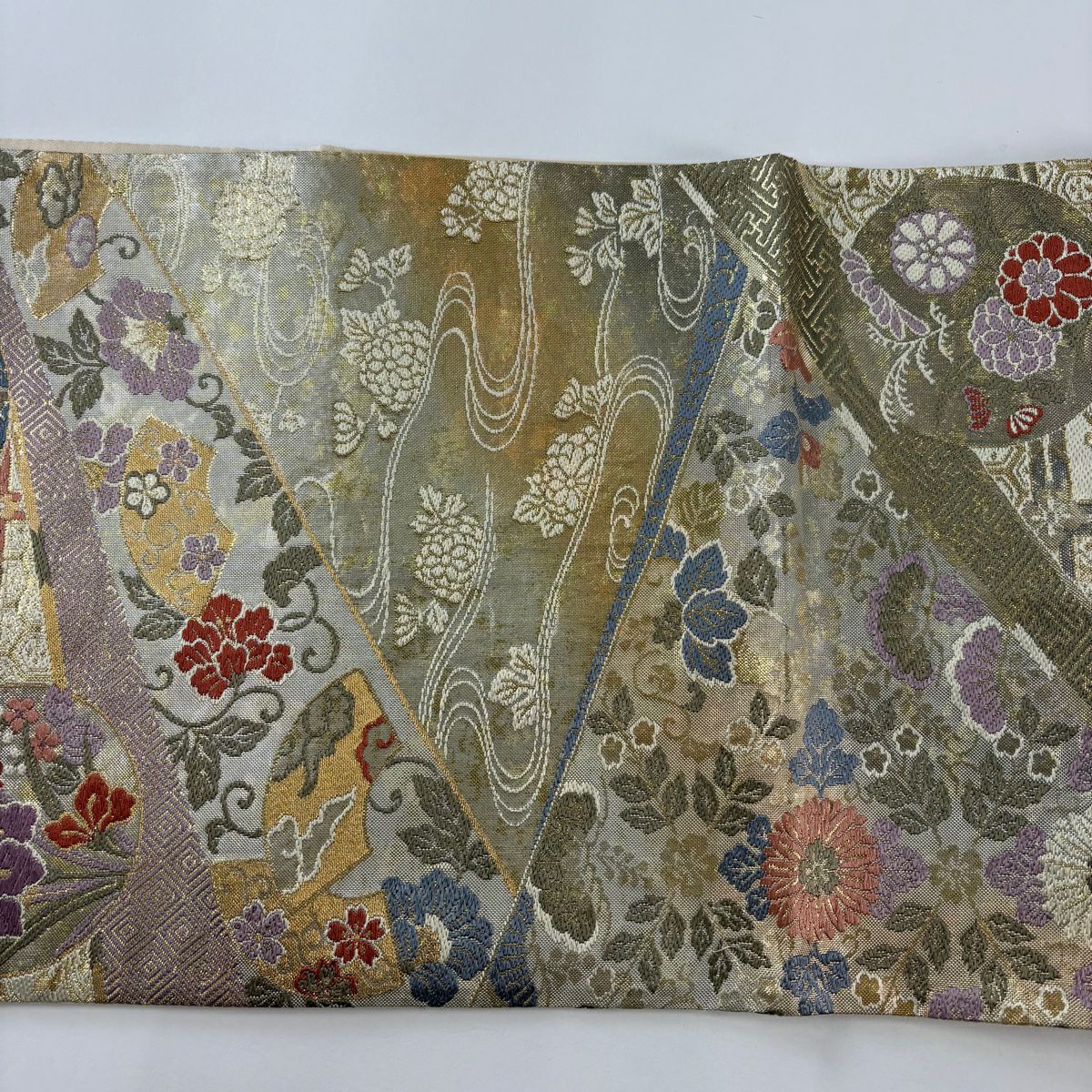 【美品】 袋帶 秀品級 圓紋 草花紋紋 金金箔 刺繡 米色 六通 純蠶絲