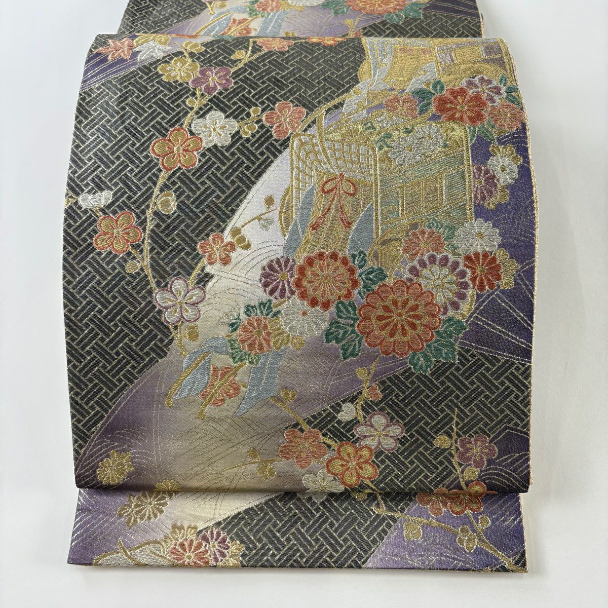 袋帶 秀品級 振袖禮服禮服用 御所車 梅花 金金箔銀金箔 灰色 六通 純蠶絲