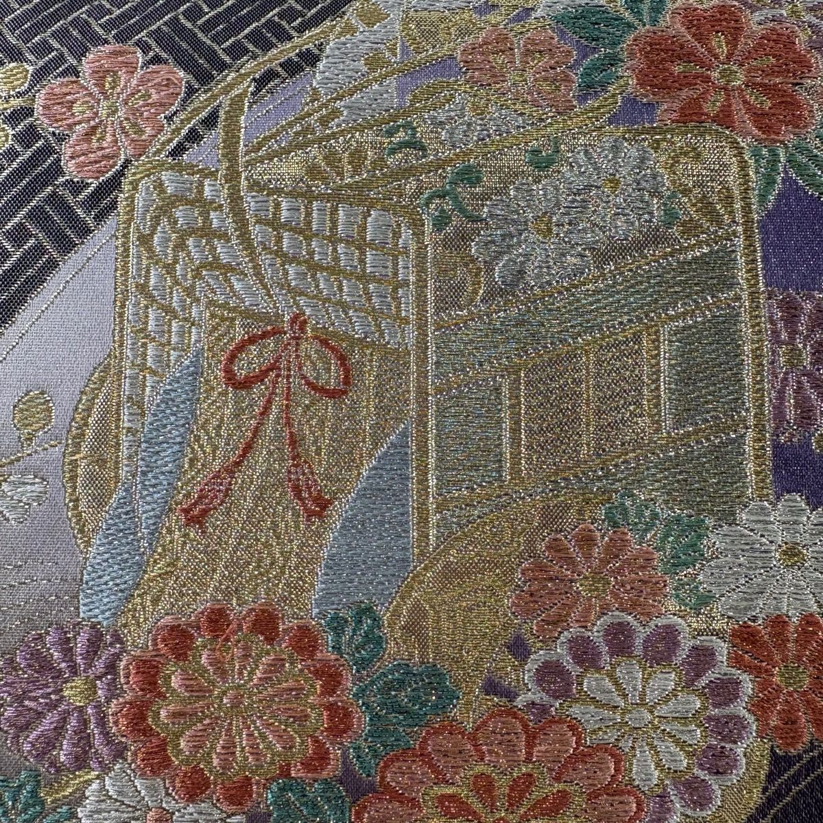 袋帶 秀品級 振袖禮服禮服用 御所車 梅花 金金箔銀金箔 灰色 六通 純蠶絲
