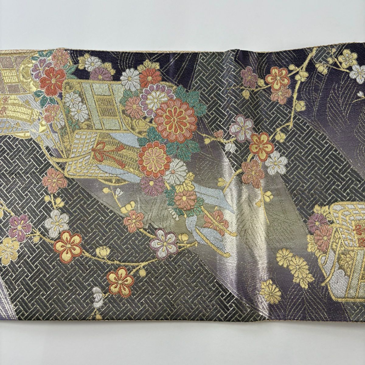 袋帶 秀品級 振袖禮服禮服用 御所車 梅花 金金箔銀金箔 灰色 六通 純蠶絲