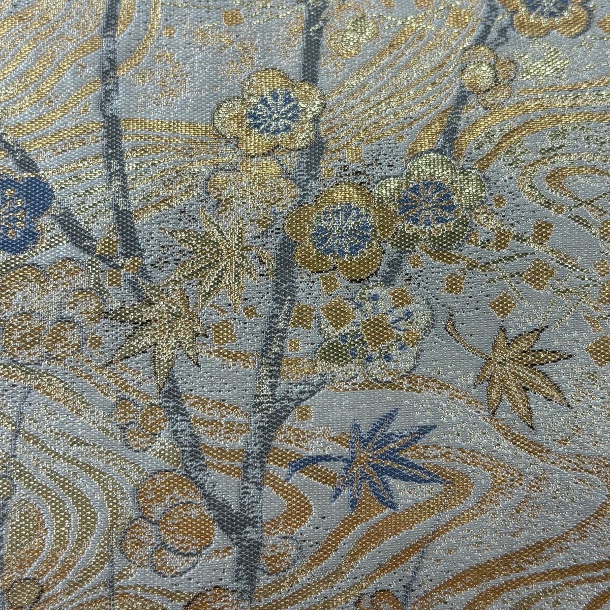 袋帶 秀品級 附有落款 藤三郎 枝梅花 流水 金金箔 灰白 六通 純蠶絲