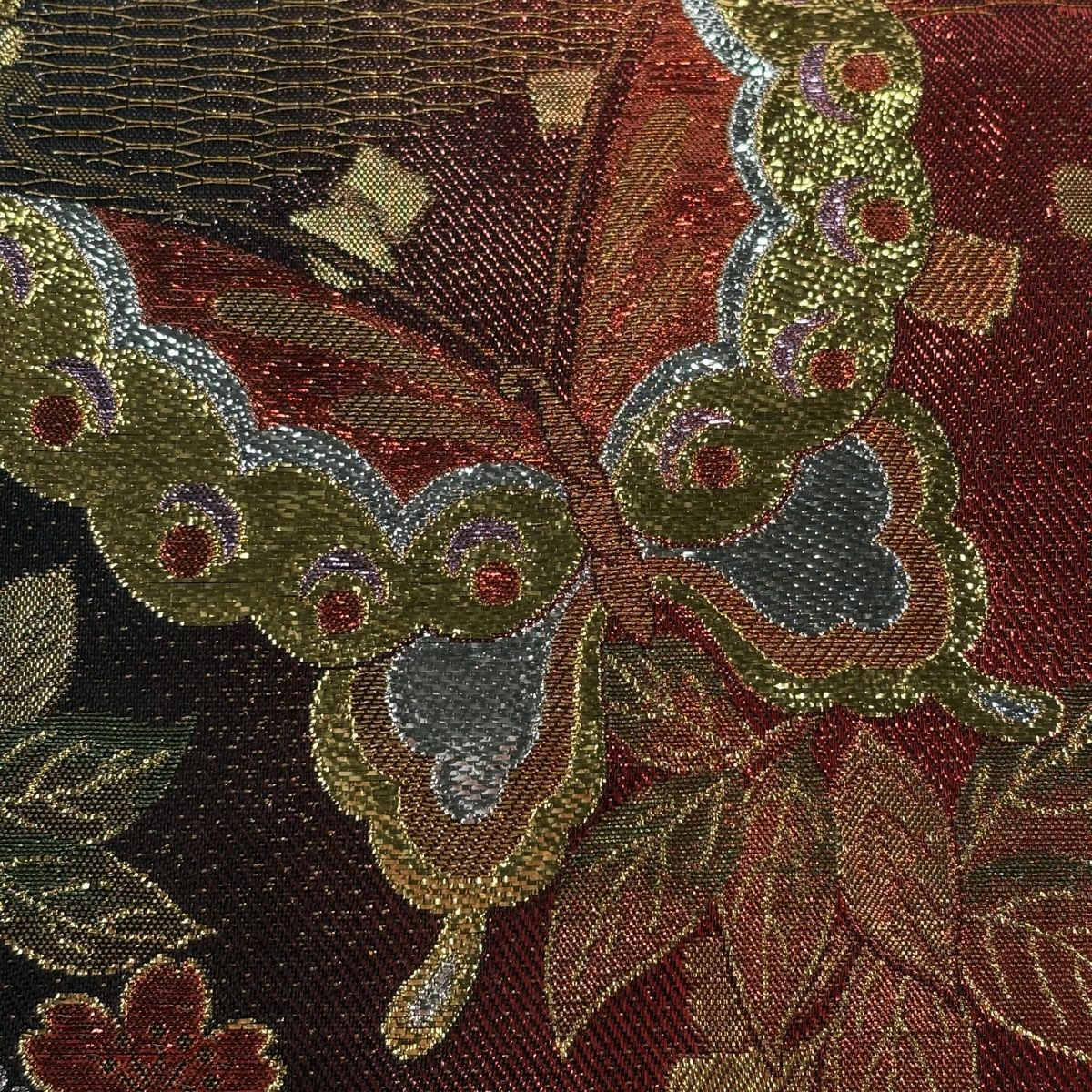 袋帶 秀品級 樱花 蝴蝶 金金箔 金絲 黑色 六通 純蠶絲