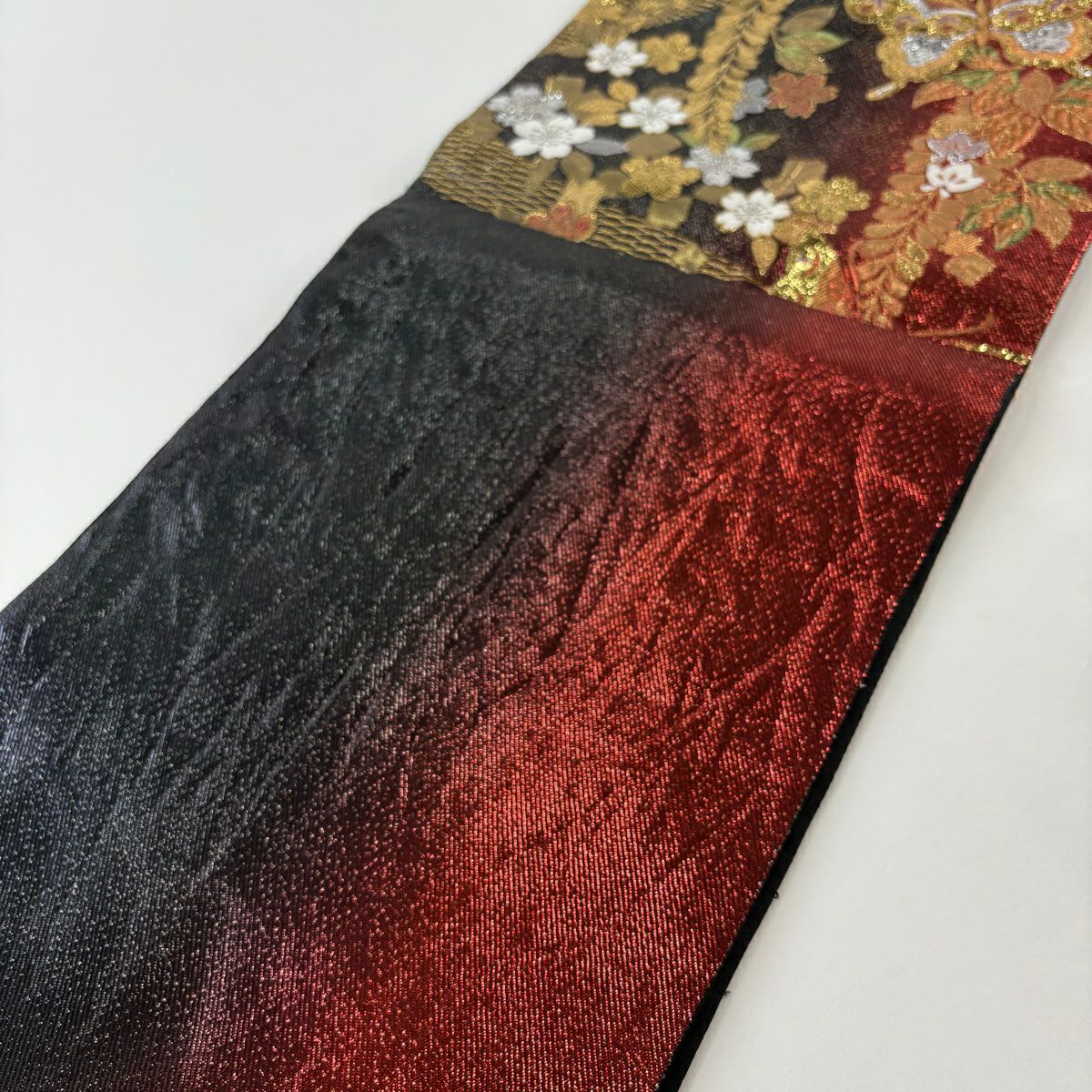 袋帶 秀品級 樱花 蝴蝶 金金箔 金絲 黑色 六通 純蠶絲