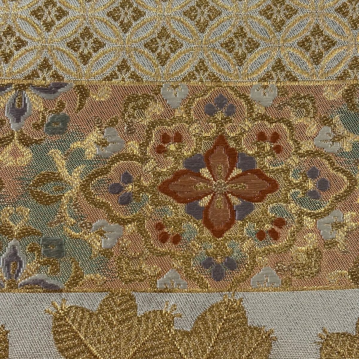 【美品】 袋帶 秀品級 全通金金箔 正倉院霞文 唐織 金絲 金 六通 純蠶絲