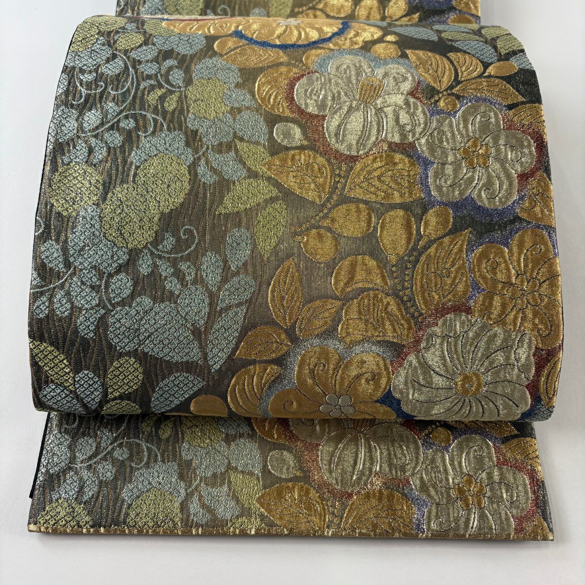 【美品】 袋帶 秀品級 辻花染 草花紋紋 金金箔 金絲 茶綠 六通 純蠶絲
