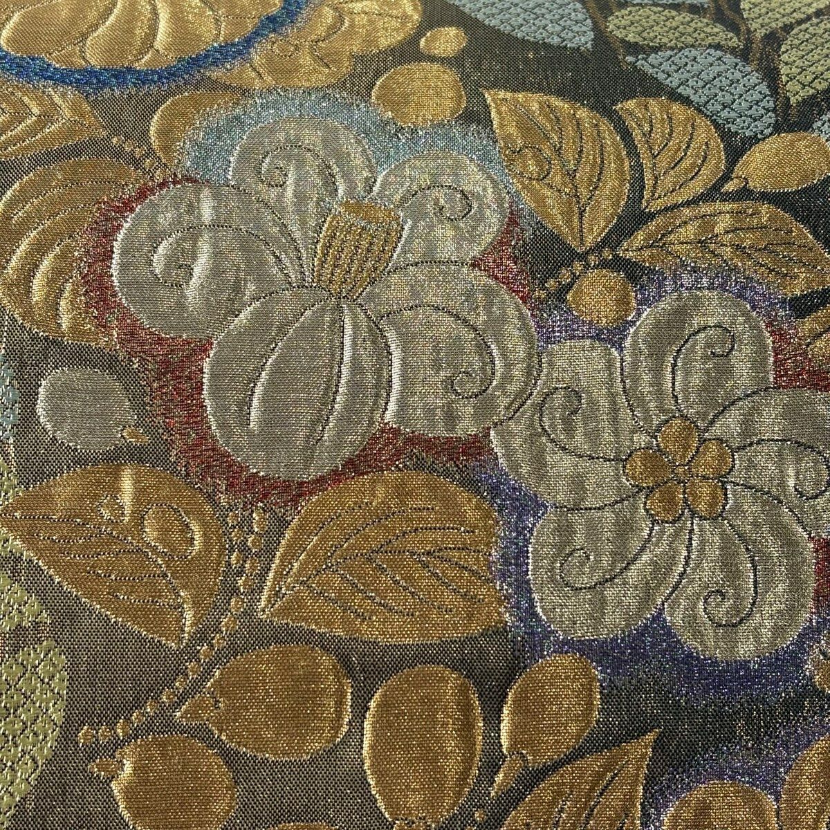 【美品】 袋帶 秀品級 辻花染 草花紋紋 金金箔 金絲 茶綠 六通 純蠶絲