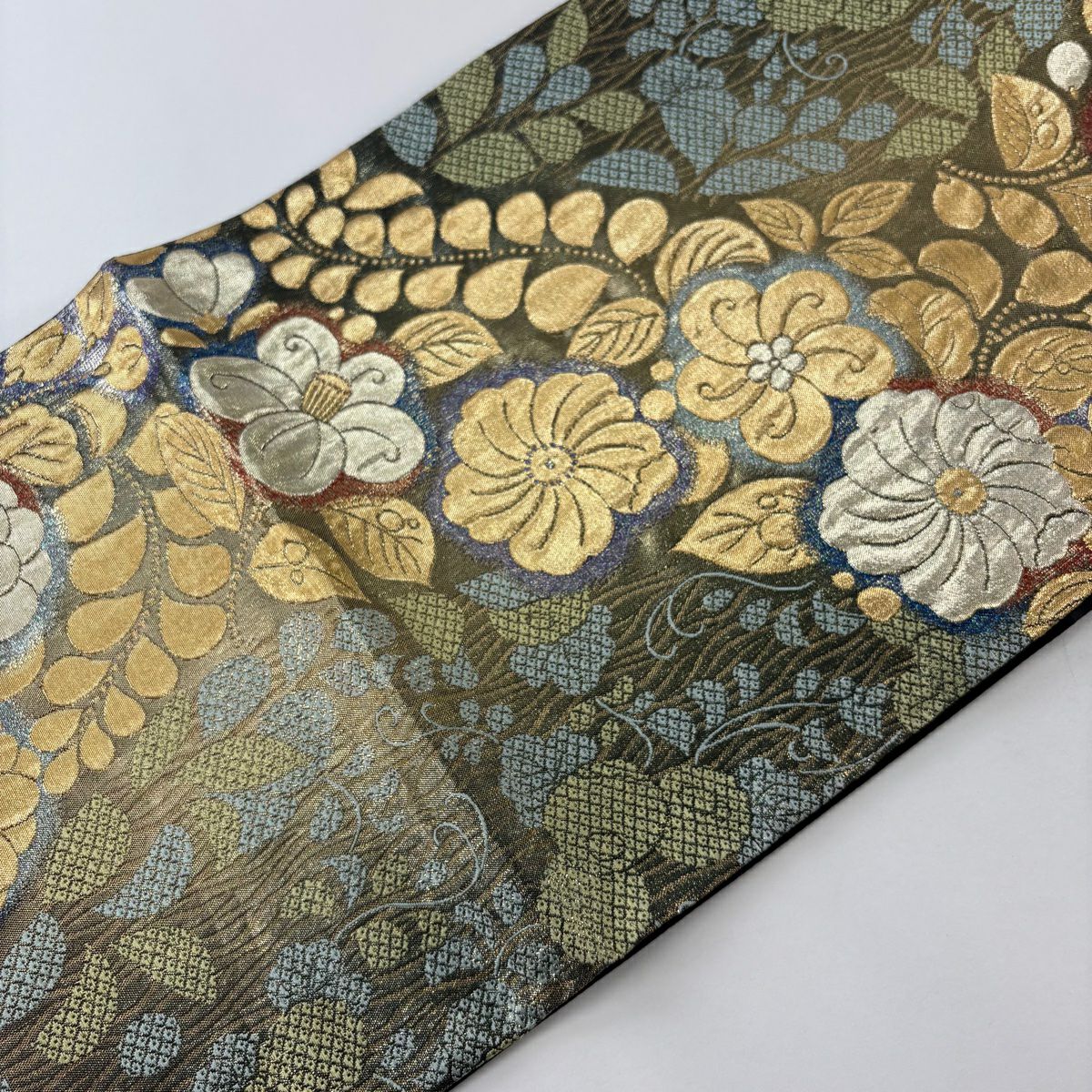 【美品】 袋帶 秀品級 辻花染 草花紋紋 金金箔 金絲 茶綠 六通 純蠶絲