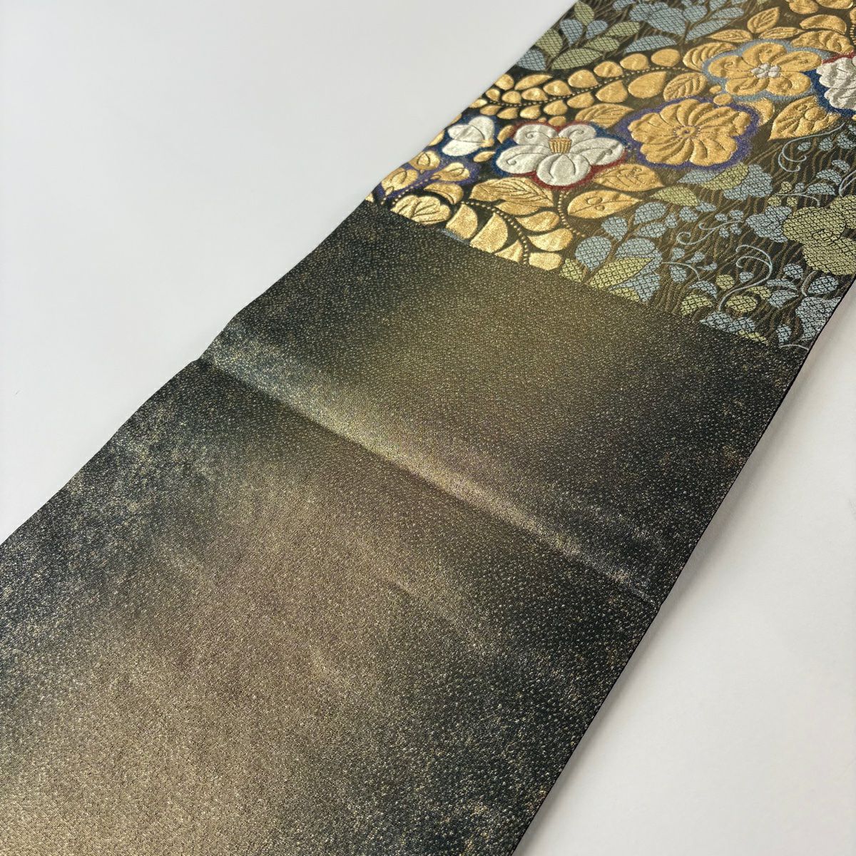 【美品】 袋帶 秀品級 辻花染 草花紋紋 金金箔 金絲 茶綠 六通 純蠶絲