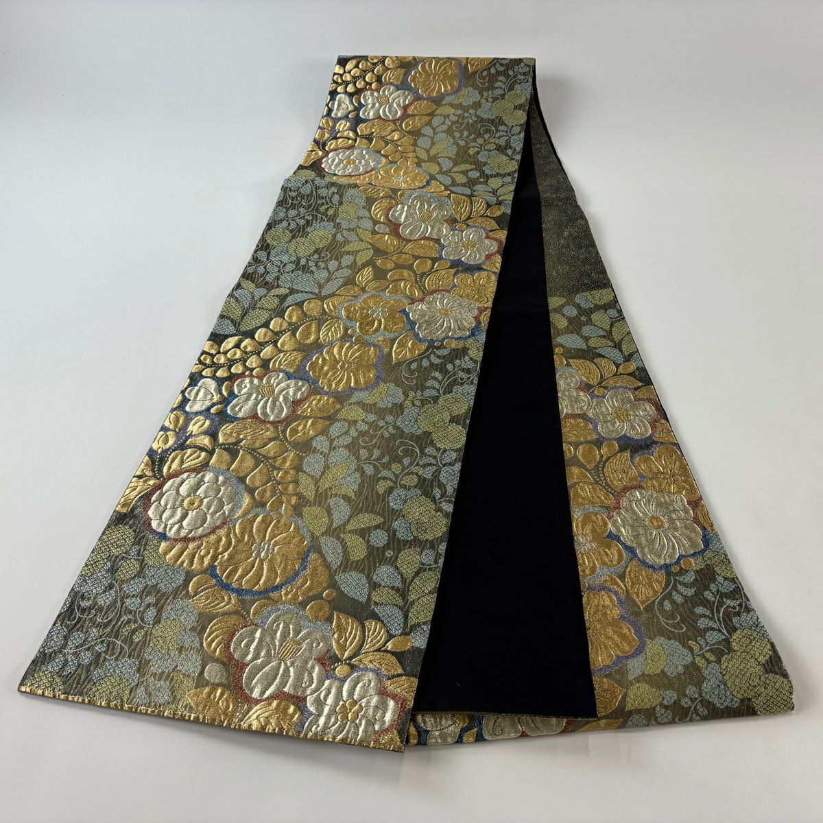 【美品】 袋帶 秀品級 辻花染 草花紋紋 金金箔 金絲 茶綠 六通 純蠶絲