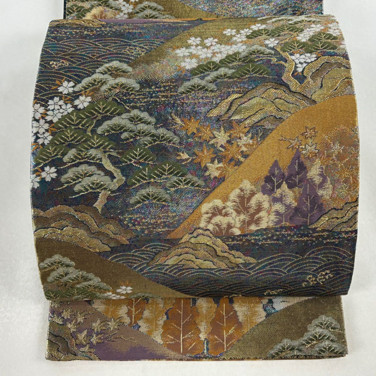 【美品】 袋帶 秀品級 山 樹木 金絲 金金箔 青紫 六通 純蠶絲